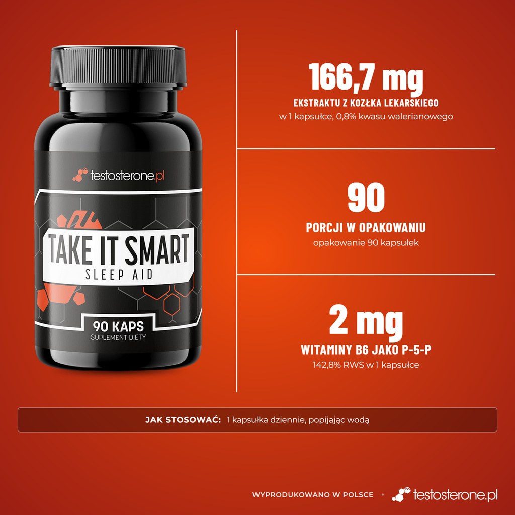 Testosterone.pl Take It Smart Sleep Aid, 90 kapsułek: 166,7 mg ekstraktu z kozłka lekarskiego i 2 mg witaminy B6 w kapsułce, 90 porcji