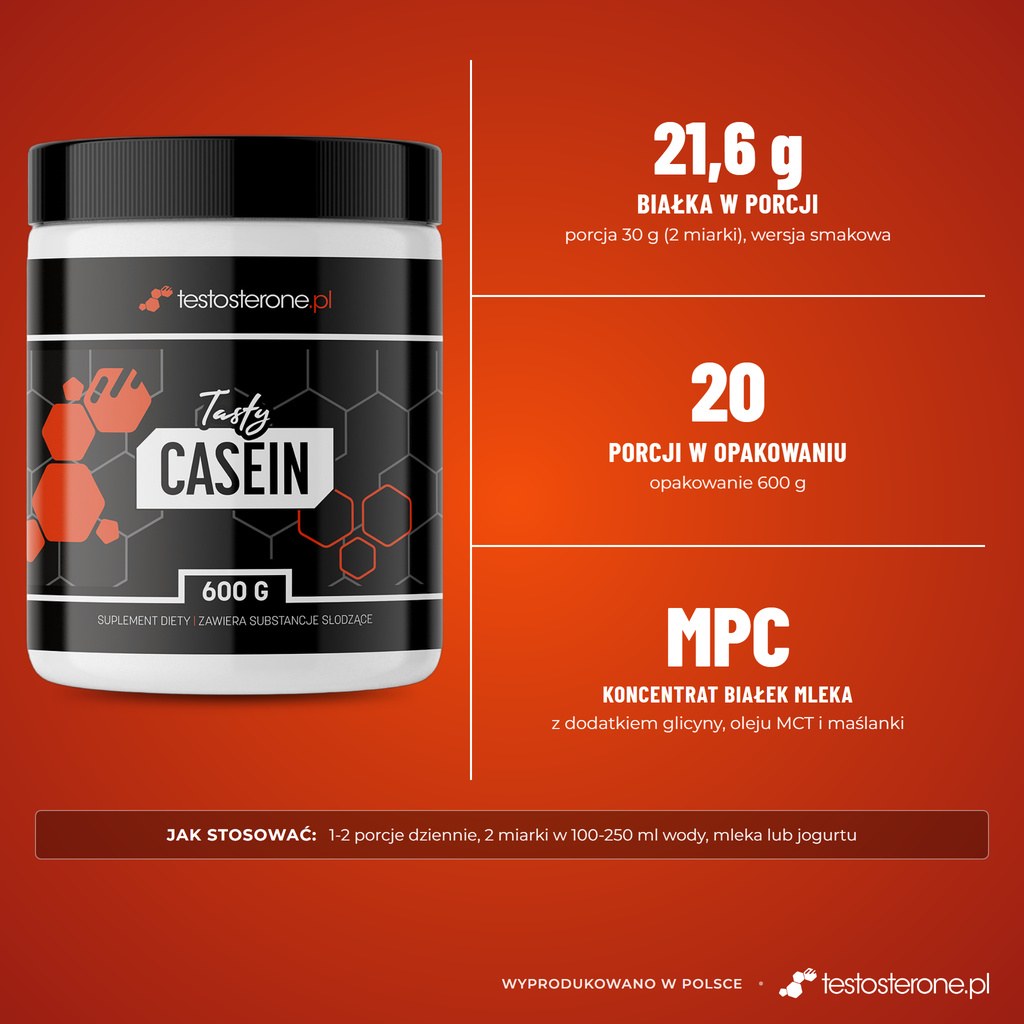 Testosterone.pl Tasty Casein 600 g, wersja smakowa: 21,6 g białka w porcji 30 g, 20 porcji