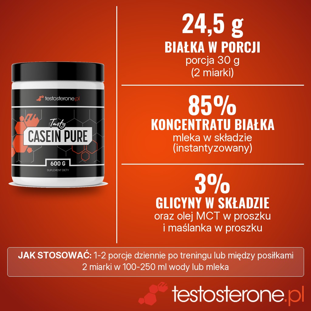 Tasty Casein Pure 82: 24,5 g białka w porcji 30 g, 85% instantyzowanego koncentratu białka mleka i 3% glicyny w składzie, 1-2 porcje dziennie