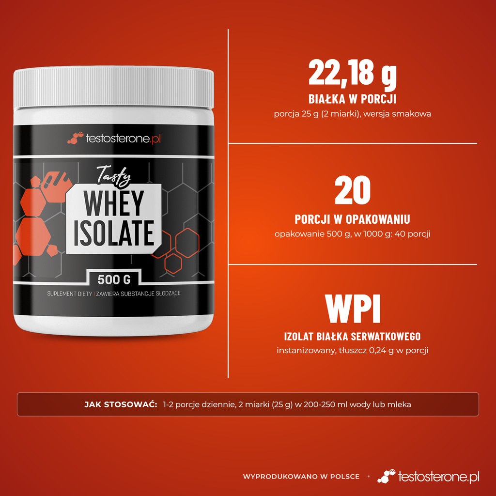 Testosterone.pl Tasty Whey Isolate 500 g, wersja smakowa: 22,18 g białka w porcji 25 g, 20 porcji