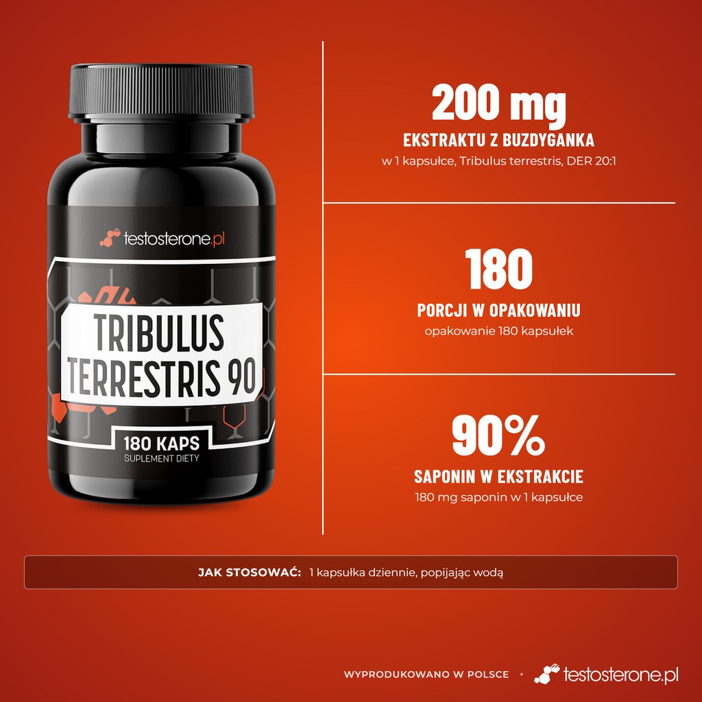 Testosterone.pl Tribulus Terrestris 90, 180 kapsułek: 200 mg ekstraktu z buzdyganka naziemnego z 90% saponin, 180 porcji
