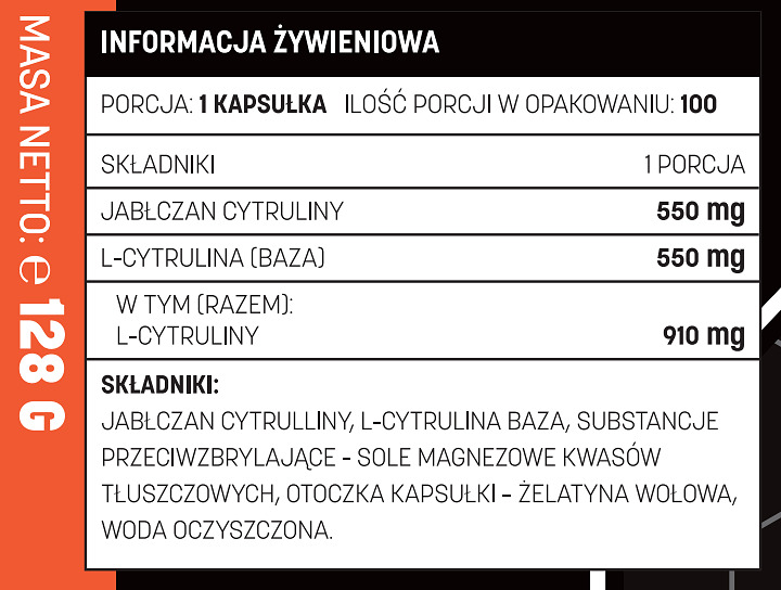 Informacja żywieniowa Testosterone.pl Citrulline 1100 Mega Caps