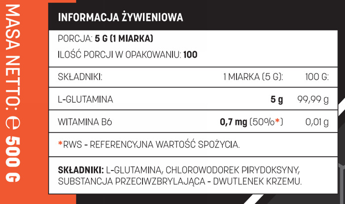 Informacja żywieniowa Testosterone.pl L-Glutamina, wersja naturalna 500 g