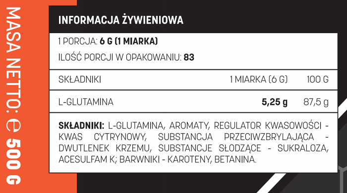 Informacja żywieniowa Testosterone.pl L-Glutamina, wersje smakowe 500 g