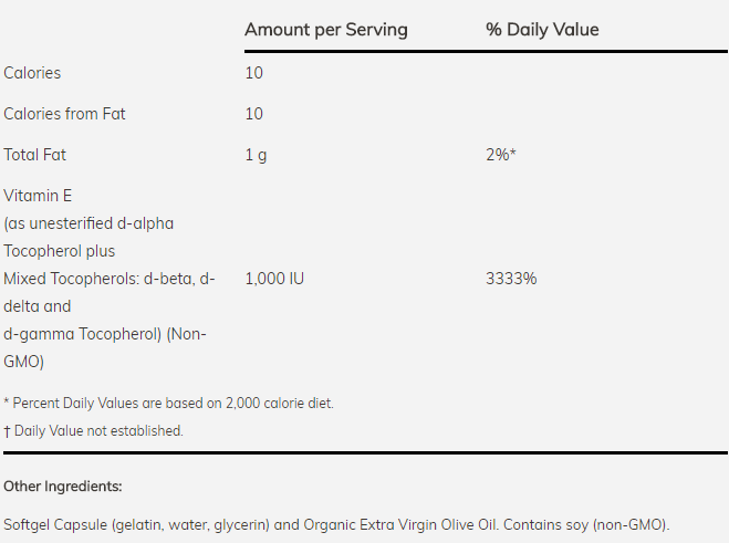 Now Foods Vitamin E-1000 Natural: tabela Supplement Facts z etykiety USA producenta